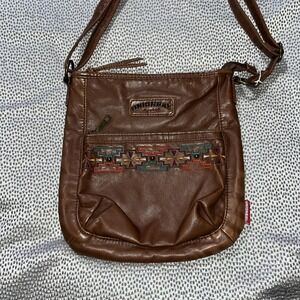 UNIONBAY Geometric Crossbody Bag Blue Brown Zipper Pockets Adjustable Straps